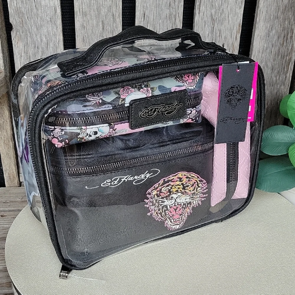 Ed Hardy Tiger Clear Cosmetic Bag Set in Black and Pink Set Of 4 - Picture 2 of 6